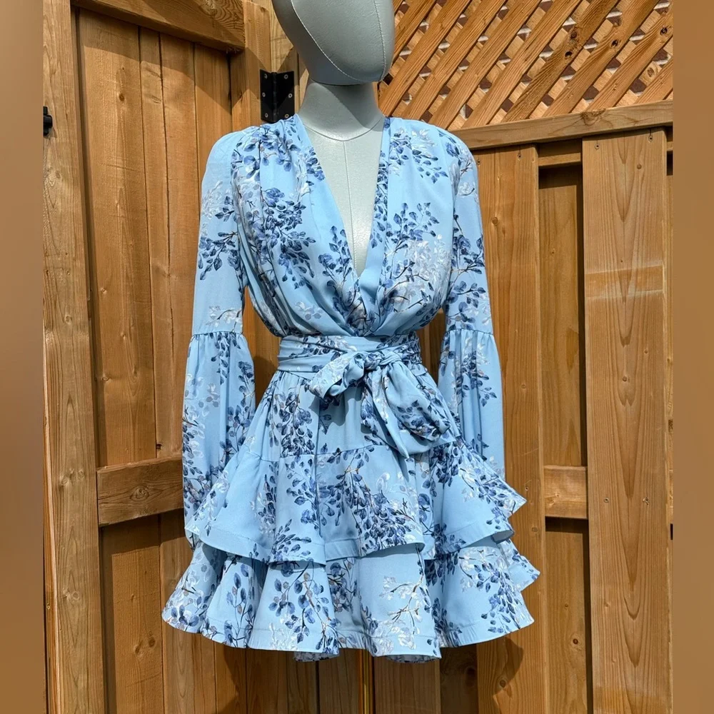 🆕 BRONX & BANCO 🧿 NWOT Bedouin Blue Poppy Tiered Mini Dress - Sz XS US